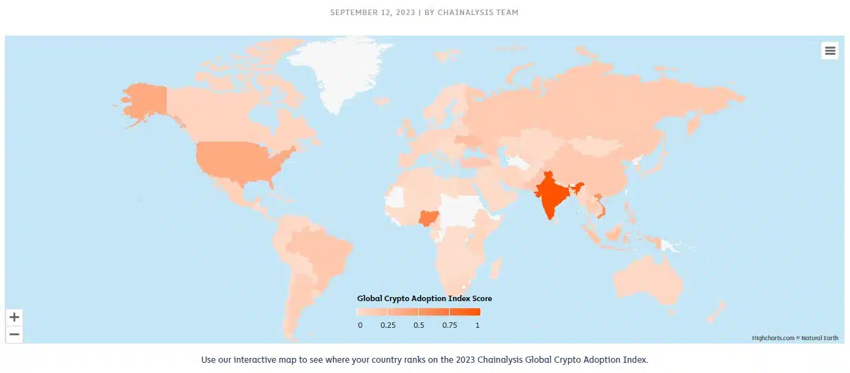 Mapa mundial de adoção de criptomoedas, por Chainalysis