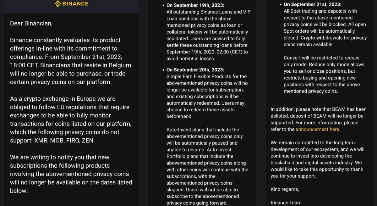 E-mails da Binance informando remoção de moedas privadas de sua plataforma na Bélgica. Fonte: MisterCh0c/Reprodução.