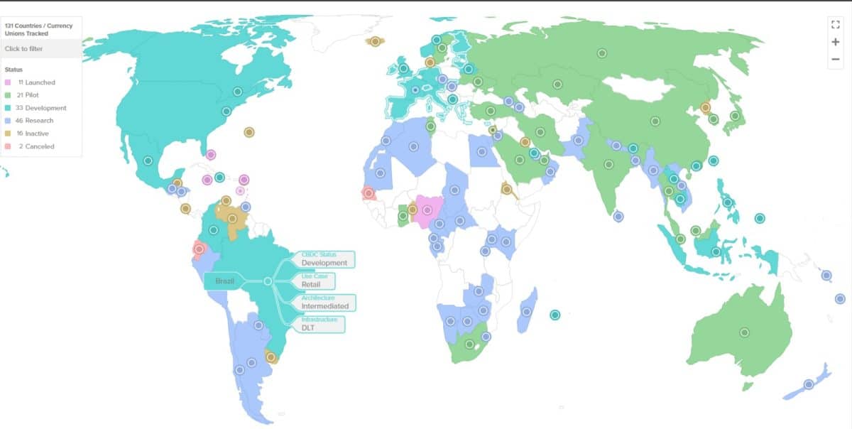 Estado de moedas digitais de bancos centrais em diversos países. Fonte: Atlantic Council.