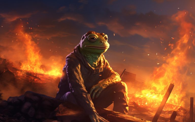 Pepe the Frog sentado com incêndio ao fundo (Imagem gerada com IA: Livecoins / MidJourney)