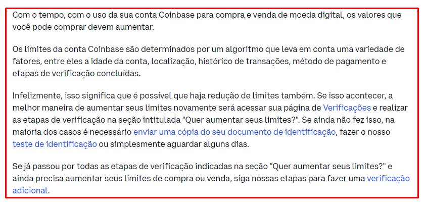 FAQ da Coinbase sobre limites de retiradas de Bitcoin e outros ativos. Fonte: Reprodução.