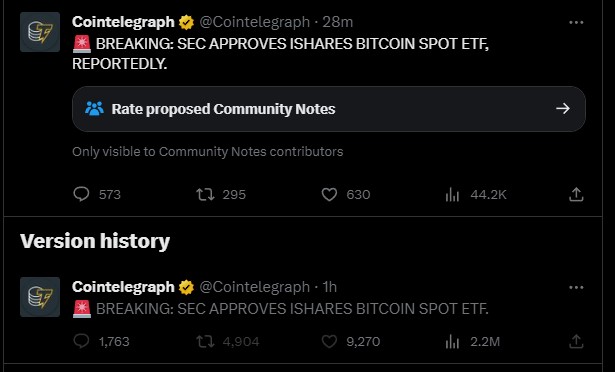 Fake news sobre aprovação de ETF de Bitcoin à vista nos EUA.