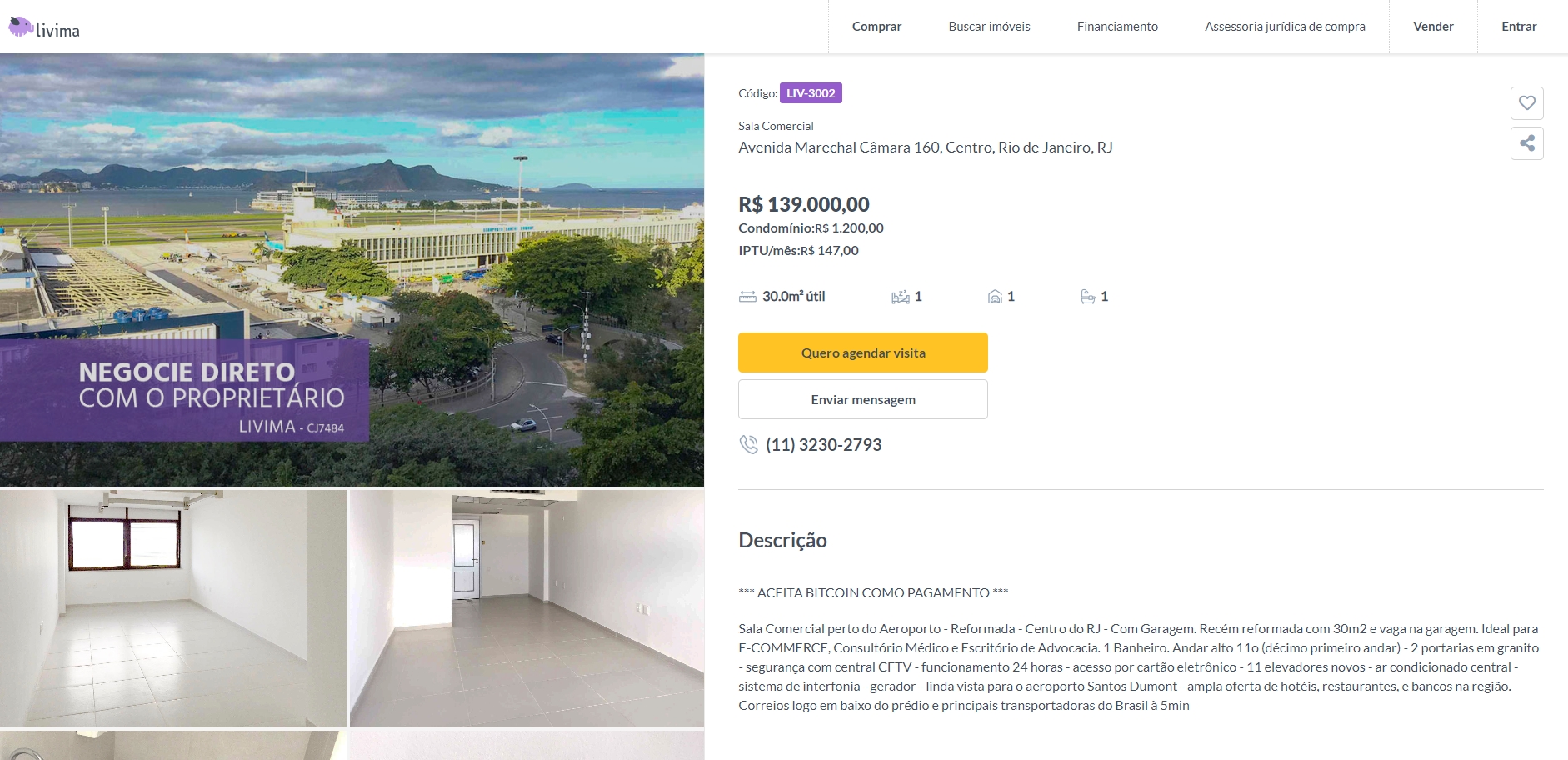 Sala comercial com vista para aeroporto Santos Dumont no Rio está sendo vendida por menos de 1 Bitcoin