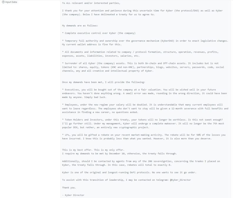 Mensagem do hacker da Kyber Network enviada a equipe do projeto. Fonte: EtherScan.