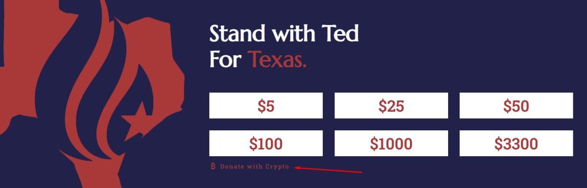Site do senador Ted Cruz aceitando doações em dólares, Bitcoin e outras criptomoedas. Fonte: Reprodução.