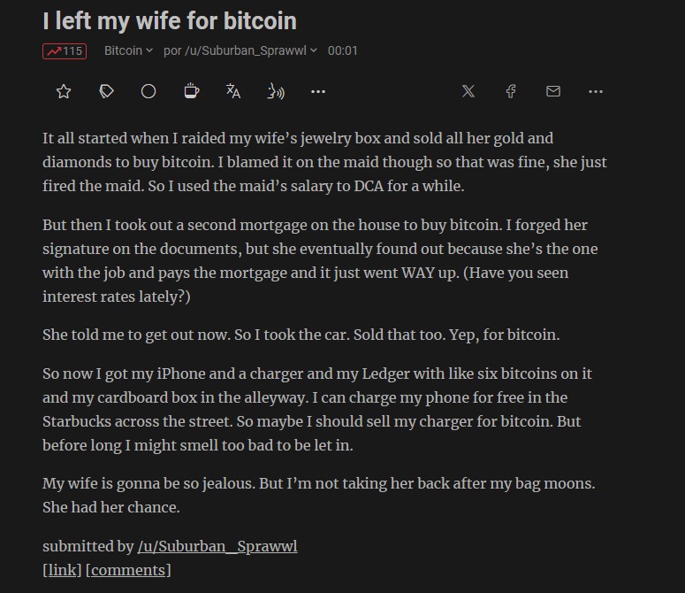 História de investidor que largou a esposa para comprar Bitcoin. Fonte: Reddit.