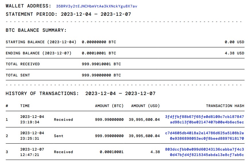 Carteira que recebeu 1.000 bitcoins que estavam parados desde 2010, data em que foram minerados. Fonte: Blockchair.