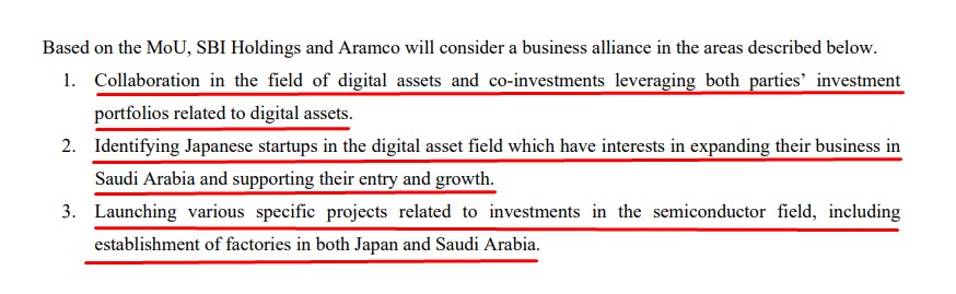 Trecho do documento do SBI Grupo sobre parceria com a Saudi Aramco falando sobre investimentos em ativos digitais. Fonte: Reprodução.