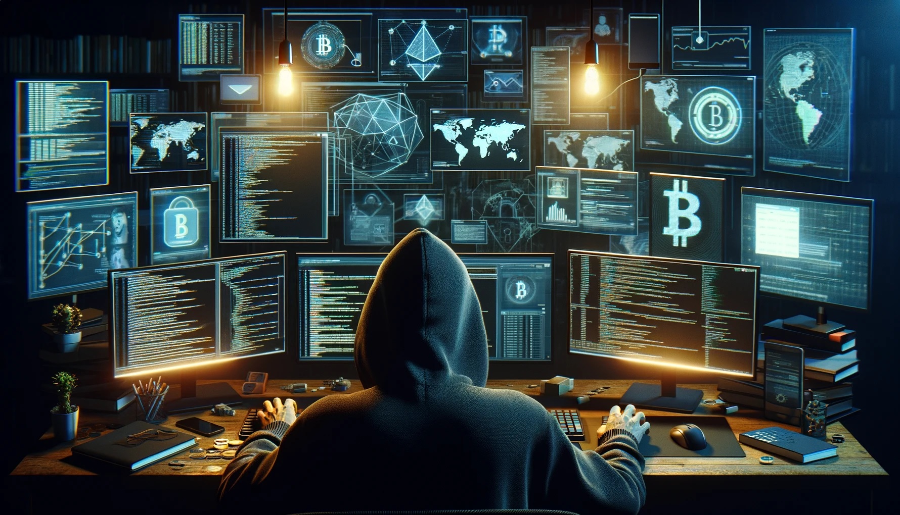 Hacker invadindo emails para roubar criptomoedas (Imagem gerada por AI)