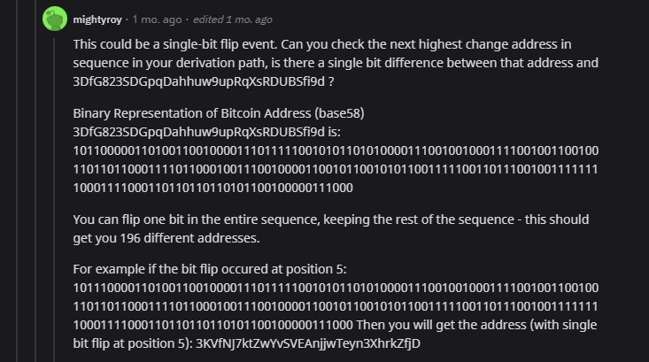 Usuário acredita que raio cósmico pode ter criado um endereço diferente de troco, fazendo usuário perder 27 bitcoins. Fonte: Reddit.