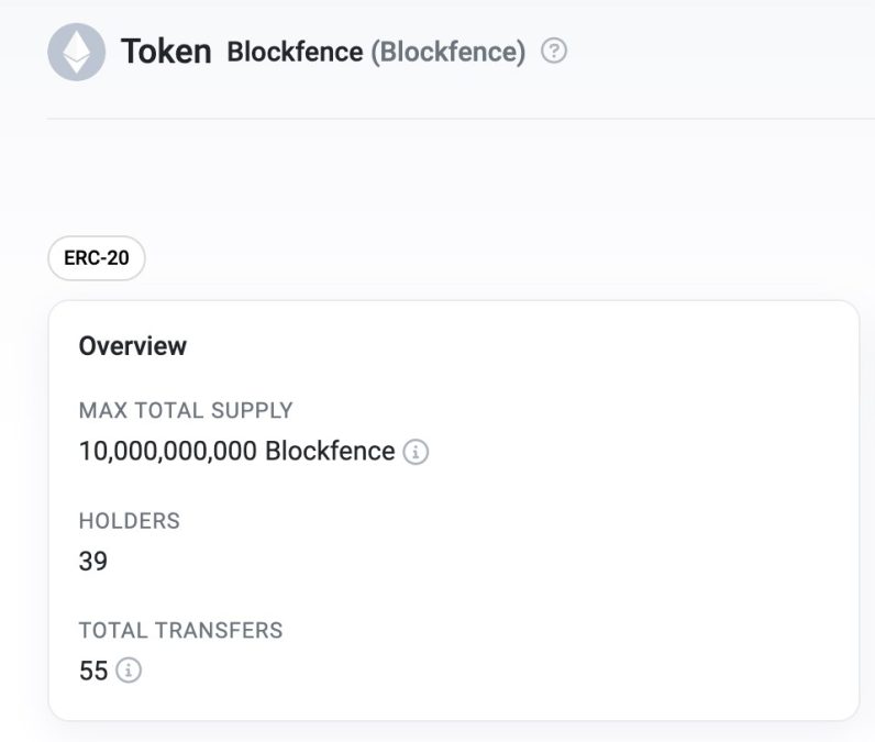 Criptomoeda falsa usando nome da Blockfence aparece com oferta de 10 bilhões de tokens, mas número real ultrapassa 2 quadrilhões. Fonte: Blockfence.