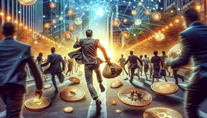 Homem correndo com bitcoins (DALL-E)