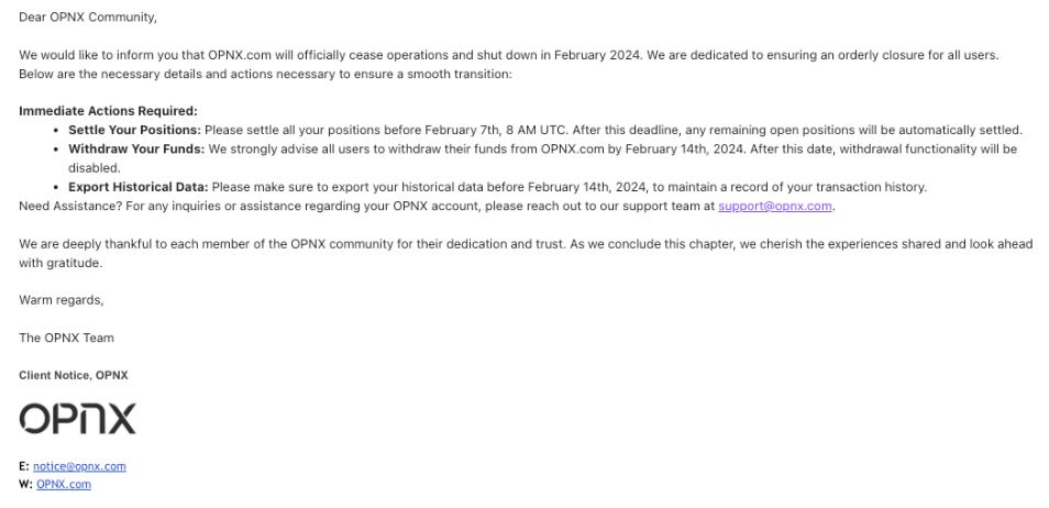 OPNX anuncia fim