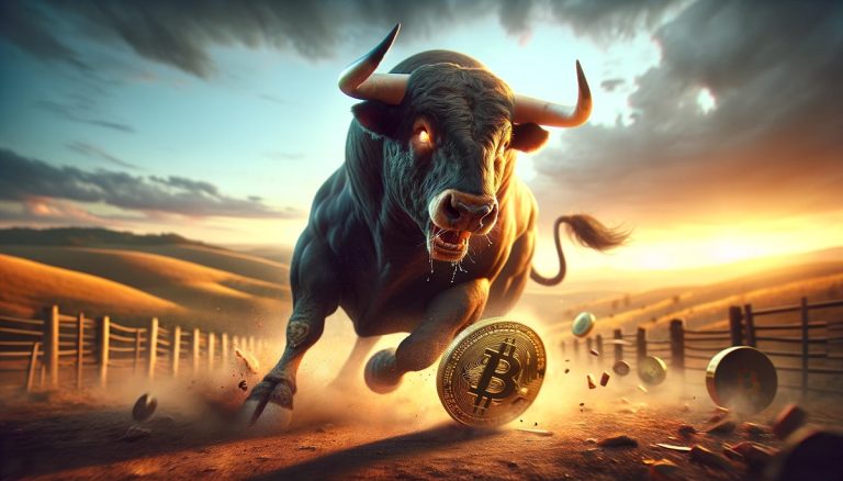Touro corre atrás de Bitcoin (Imagem gerada por AI)