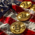 Moedas de Bitcoin sobre bandeira dos EUA. Fonte: MidJourney.