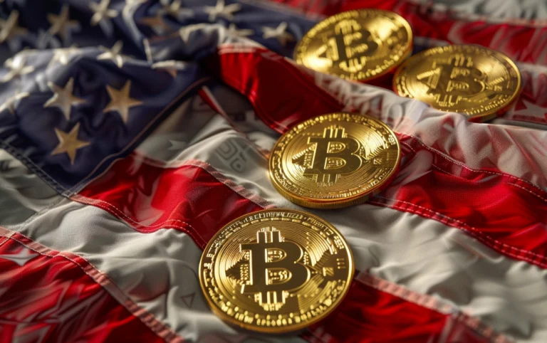 Moedas de Bitcoin sobre bandeira dos EUA. Fonte: MidJourney.