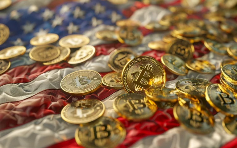 Moedas de bitcoin sobre bandeira dos EUA. Midjouney.