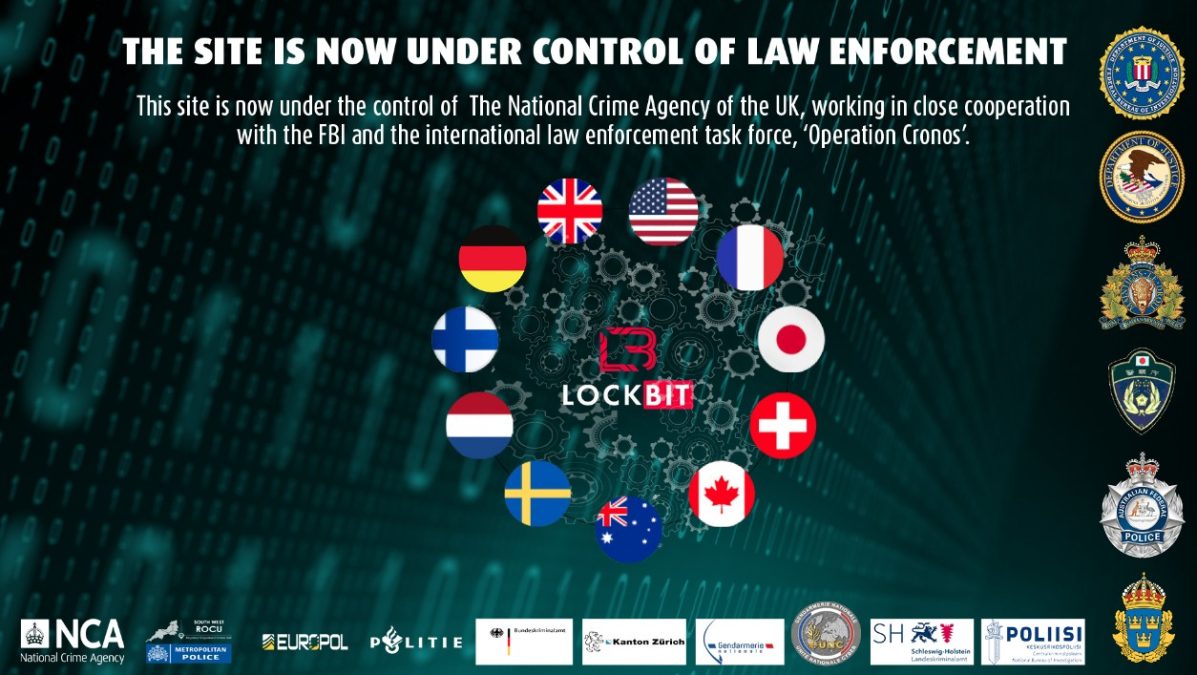 Site do LockBit agora está sobre o controle de autoridades internacionais, incluindo FBI, NCA, Europol e outras, conforme destacado na imagem. Fonte: Reprodução.