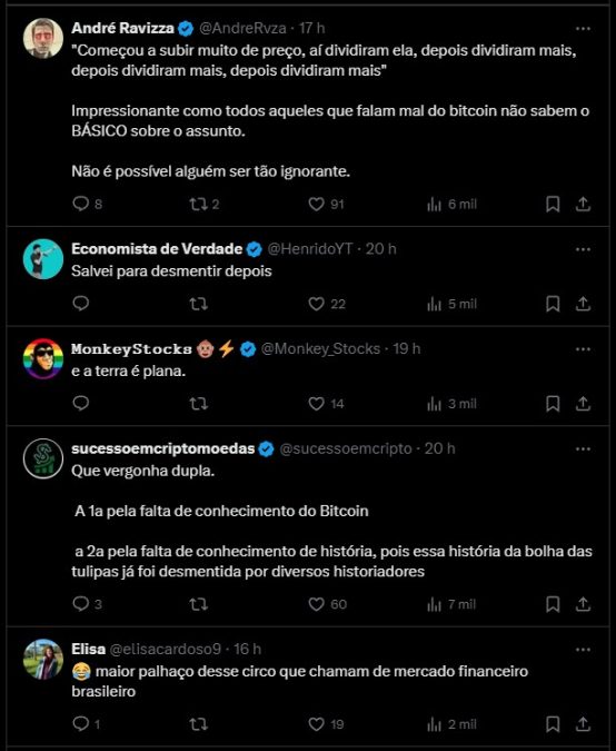 Usuários do Twitter reagem a comentários de Pablo Spyer sobre Bitcoin.