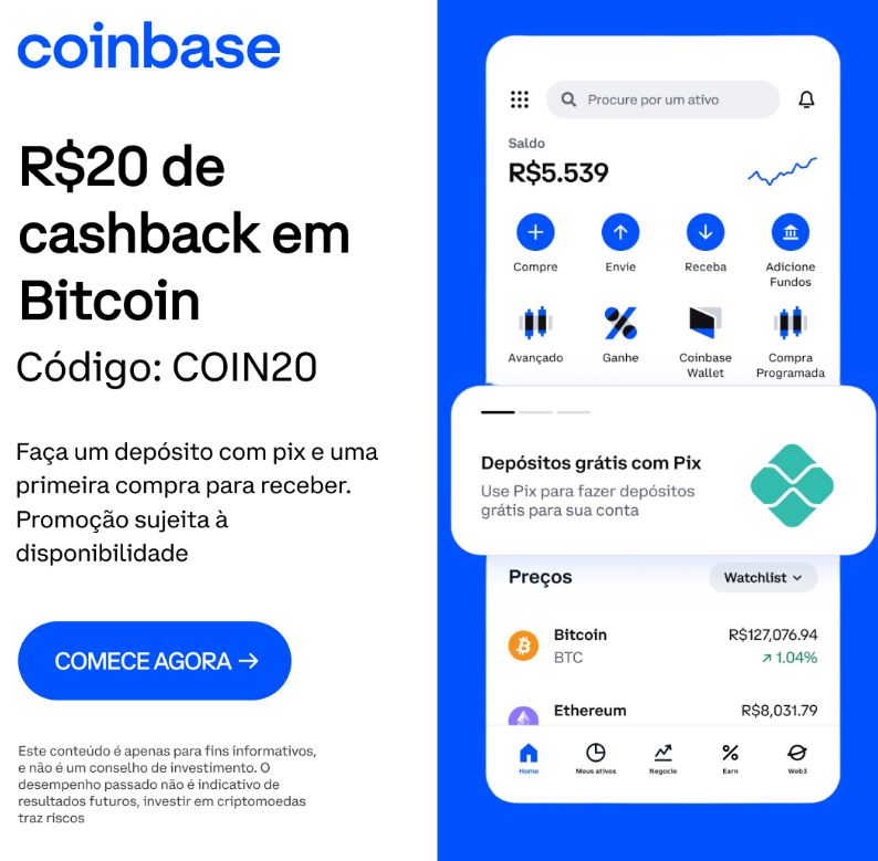 Coinbase R$ 20 reais em Bitcoin
