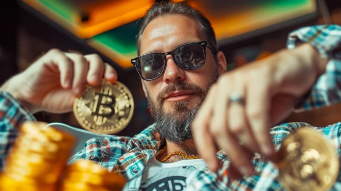 Homem segurando Bitcoin