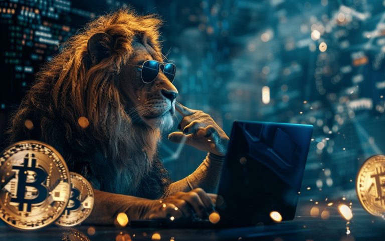 Leão investigando bitcoin (Imagem gerada por inteligência artifical)
