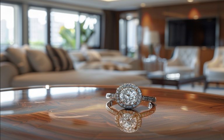 Anel de diamante e condomínio de luxo. Fonte: MidJourney.