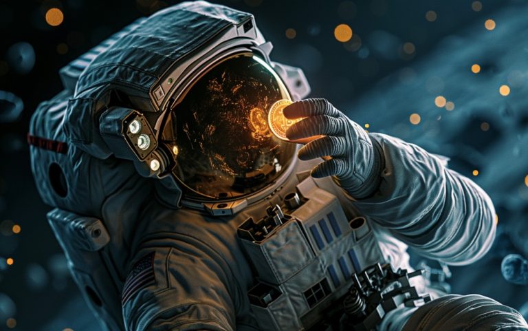 Astronauta segurando moeda de Bitcoin na lua. Midjourney.