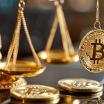 Balança da justiça e moedas de Bitcoin. Fonte: MidJourney.