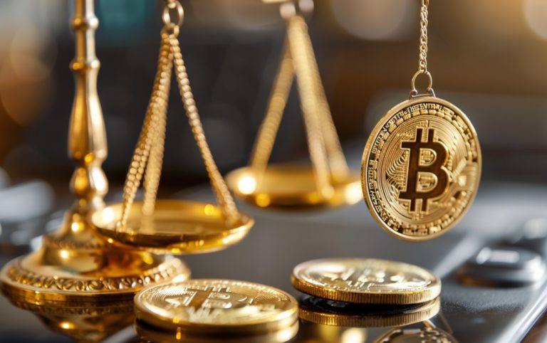Balança da justiça e moedas de Bitcoin. Fonte: MidJourney.