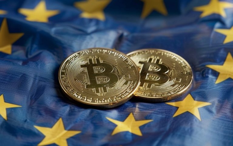 Moedas de Bitcoin sobre bandeira da União Europeia. MidJourney.