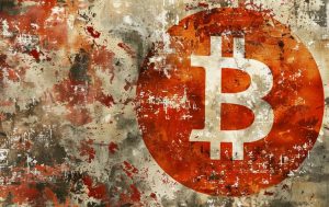 Bitcoin em fundo branco, lembrando bandeira do Japão. MidJourney.