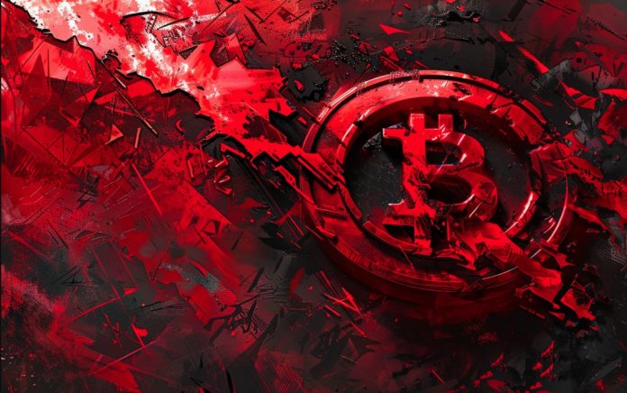 Bitcoin em vermelho representando queda. MidJourney.