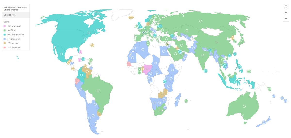 Desenvolvimento de CBDCs ao redor do mundo. Fonte: Atlantic Council.