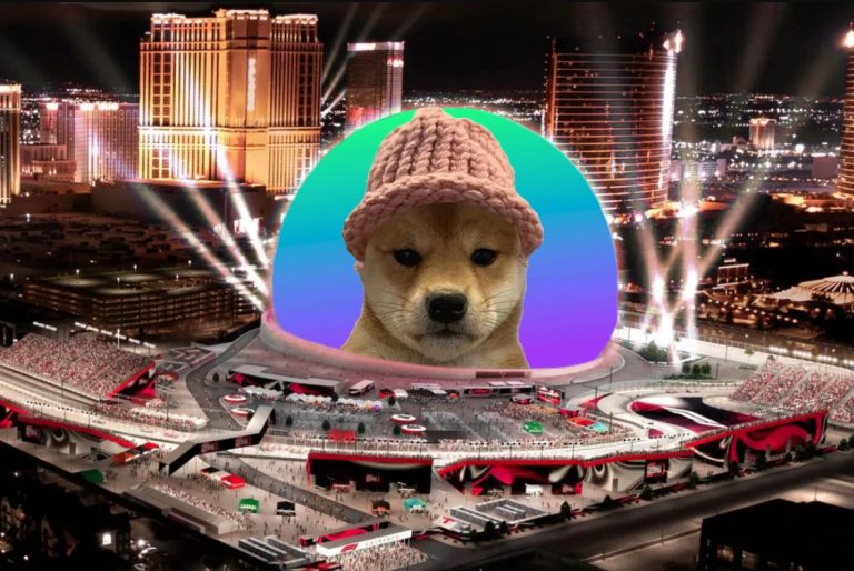Montagem com mascote da memecoin Dogwifhat em esfera de Los Angeles. Reprodução.
