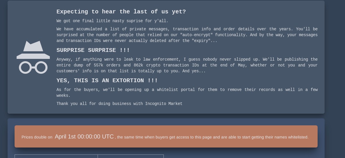 Texto no Incognito Market ameaçando vazar dados de seus clientes. Fonte: Redes sociais/Reprodução.