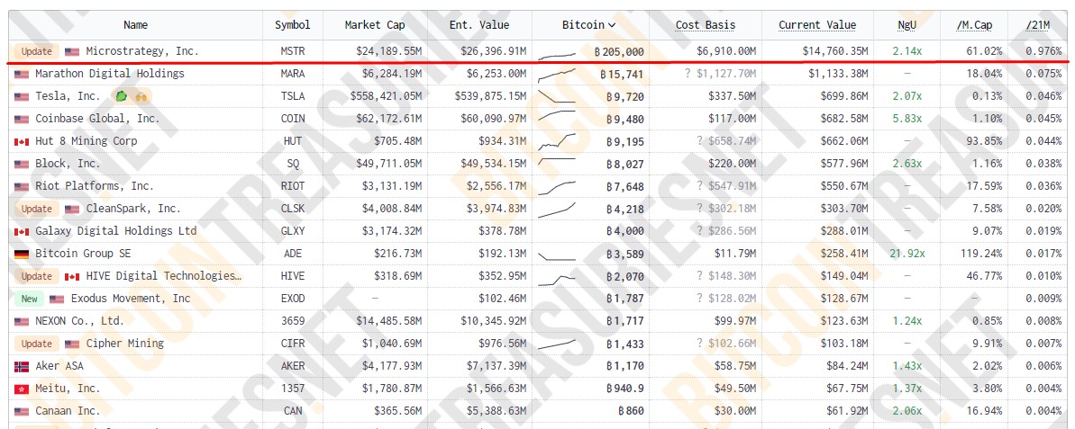 MicroStrategy detém 205.000 bitcoins, quase 1% de toda oferta de 21 milhões de unidades. BitcoinTreasuries.