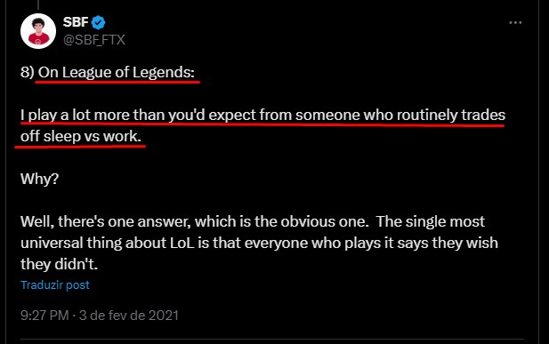 Tuíte de Sam Bankman-Fried sobre seu vício em League of Legends. Fonte: X.