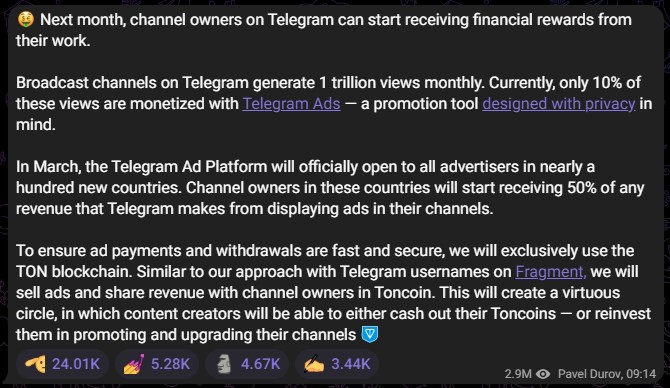 Pavel Durov, fundador e CEO do Telegram, sobre programa de recompensas aos seus usuários. Fonte: Reprodução.