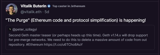 Vitalik Buterin comemorando remoção de linhas de código inúteis do Ethereum. Reprodução.