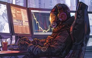 Astronauta vendo preço do Bitcoin, analogia à frase “preço indo para a lua”. Fonte: MidJourney.