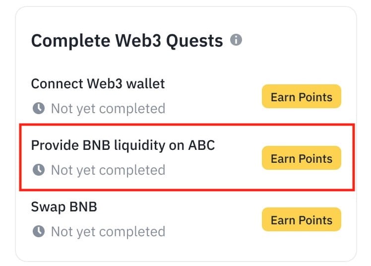 Missões que multiplicarão a pontuação no Binance Megadrop poderão incluir tarefas simples como conectar sua carteira web3 ou então fazer swap de BNB ou fornecer liquidez de BNB em algum serviço. Fonte: Binance.
