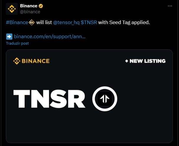 Binance anunciando listagem da criptomoeda Tensor (TNSR). Fonte: Twitter/Reprodução.