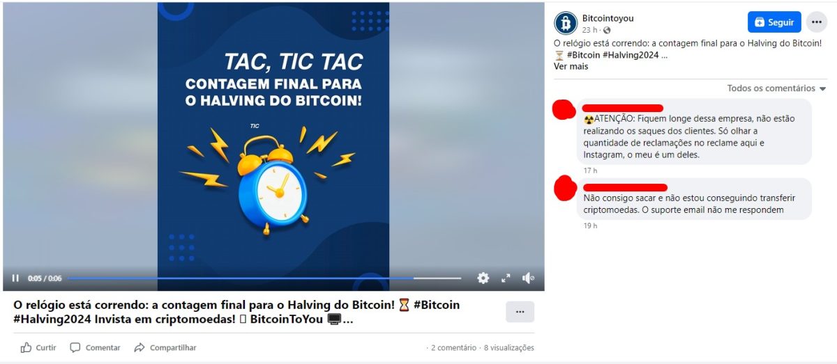 Publicação no Facebook da BitcoinToYou também conta com reclamações de clientes. Fonte: Reprodução.