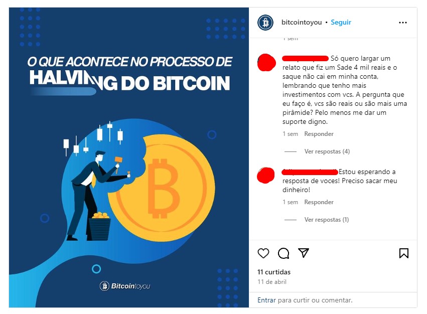 Publicação no Instagram da BitcoinToYou também é usada por clientes para resolver problemas de saque.