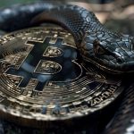 Cobra e moeda de Bitcoin. Fonte: MidJourney.