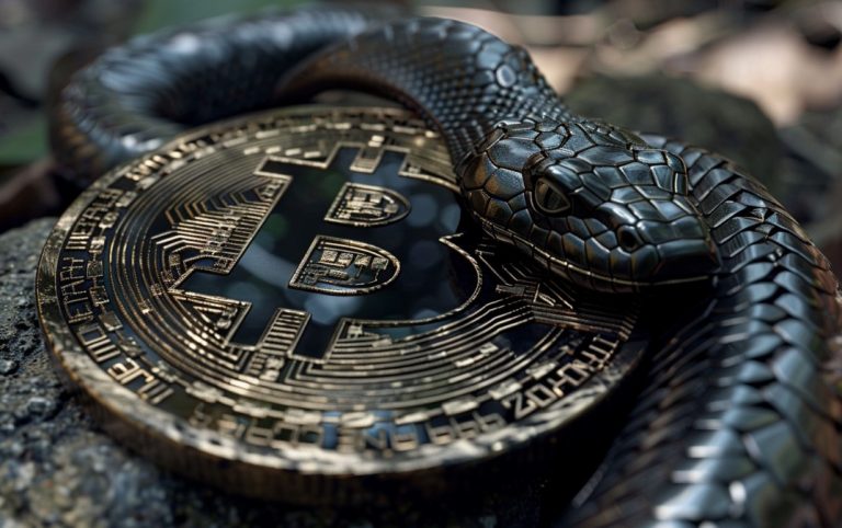 Cobra e moeda de Bitcoin. Fonte: MidJourney.