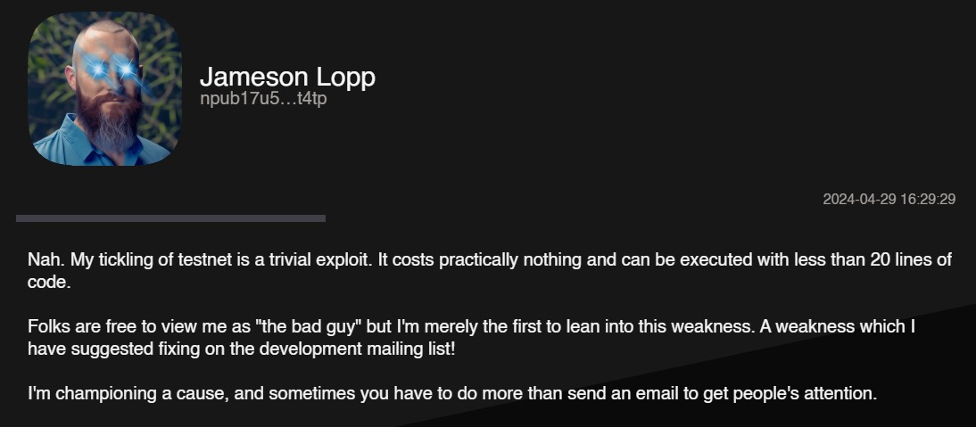 Desenvolvedor Jameson Lopp fala sobre seu ataque à rede de testes do Bitcoin. Nostr/Reprodução.