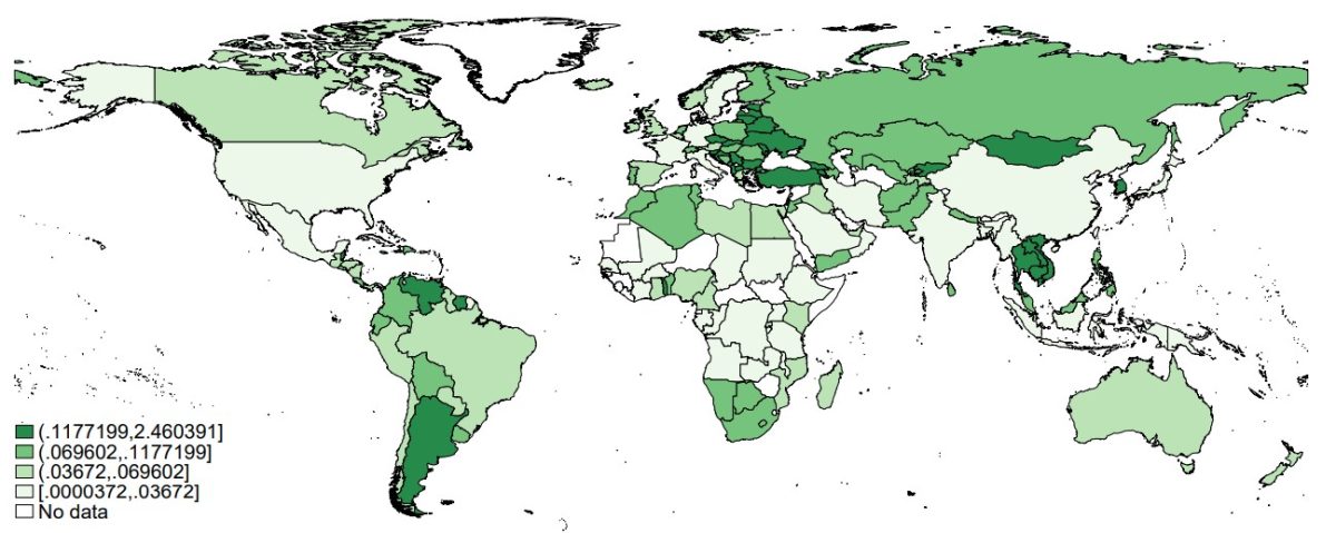 FMI faz correlação entre transações transfronteiriças de Bitcoin e o PIB de cada país. Quanto mais escuro é o tom de verde, maior é a proporção. Os dados são da Chainalysis. Fonte: FMI/Reprodução.