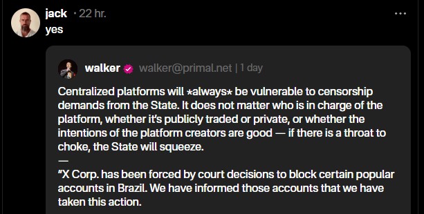 Jack Dorsey, fundador do Twitter, parece estar convencido de que sua antiga rede social não é párea para enfrentar uma decisão judicial e que apenas uma rede social descentralizada é capaz de atingir esse objetivo. Fonte: Nostr/Reprodução.